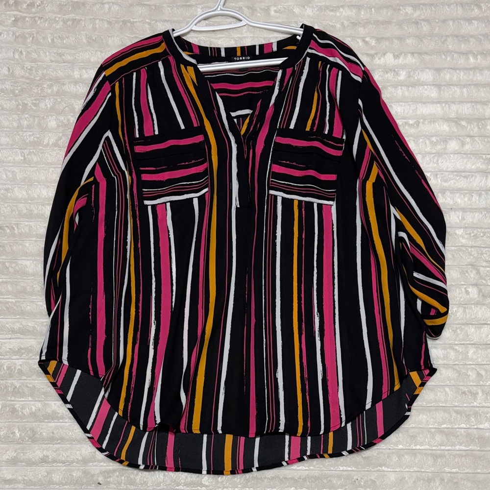 Torrid Multicolor Striped Blouse - Black, Pink, Yellow